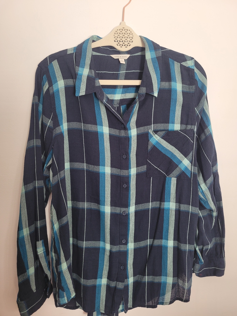 Lucky Brand Navy Plaid Button-Down Shirt with Teal Stripes